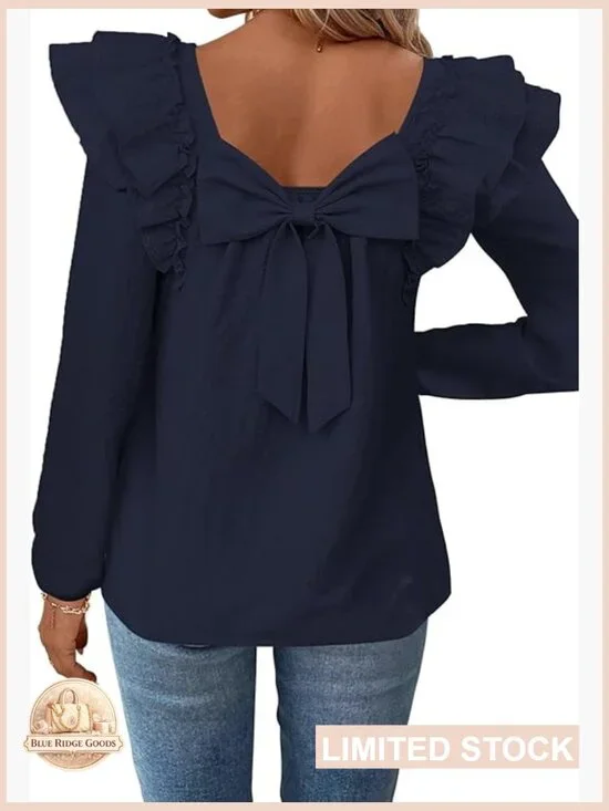 Ruffle Sleeve Tunic Blouse Bow Tie Back Babydoll Style Chiffon Texture - Picture 1 of 7